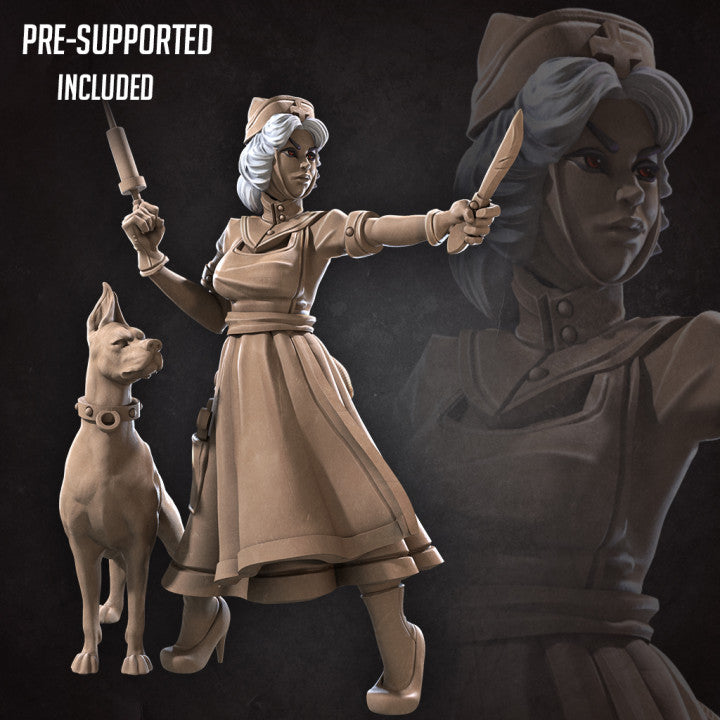 Emilia, the Nurse (and Goo Goo, the Doberman) (Large) - Tabletop Figure for Dungeons & Dragons, DnD, Pathfinder RPGs, TTRPG