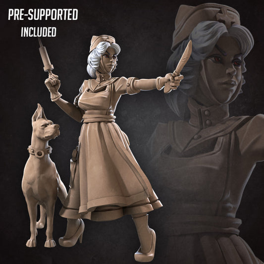 Emilia, the Nurse (and Goo Goo, the Doberman) (Large) - Tabletop Figure for Dungeons & Dragons, DnD, Pathfinder RPGs, TTRPG