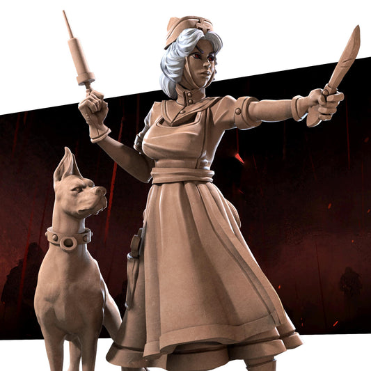 Emilia, the Nurse (and Goo Goo, the Doberman) (Large) - Tabletop Figure for Dungeons & Dragons, DnD, Pathfinder RPGs, TTRPG