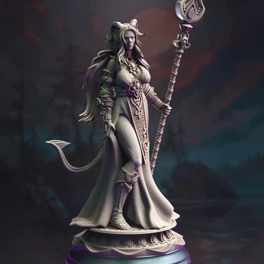 Tiefling Moon Cleric - Tharia Moonshadow (Medium) - 3D Printed Tabletop Figure for Dungeons & Dragons, DnD, Pathfinder RPGs, TTRPG