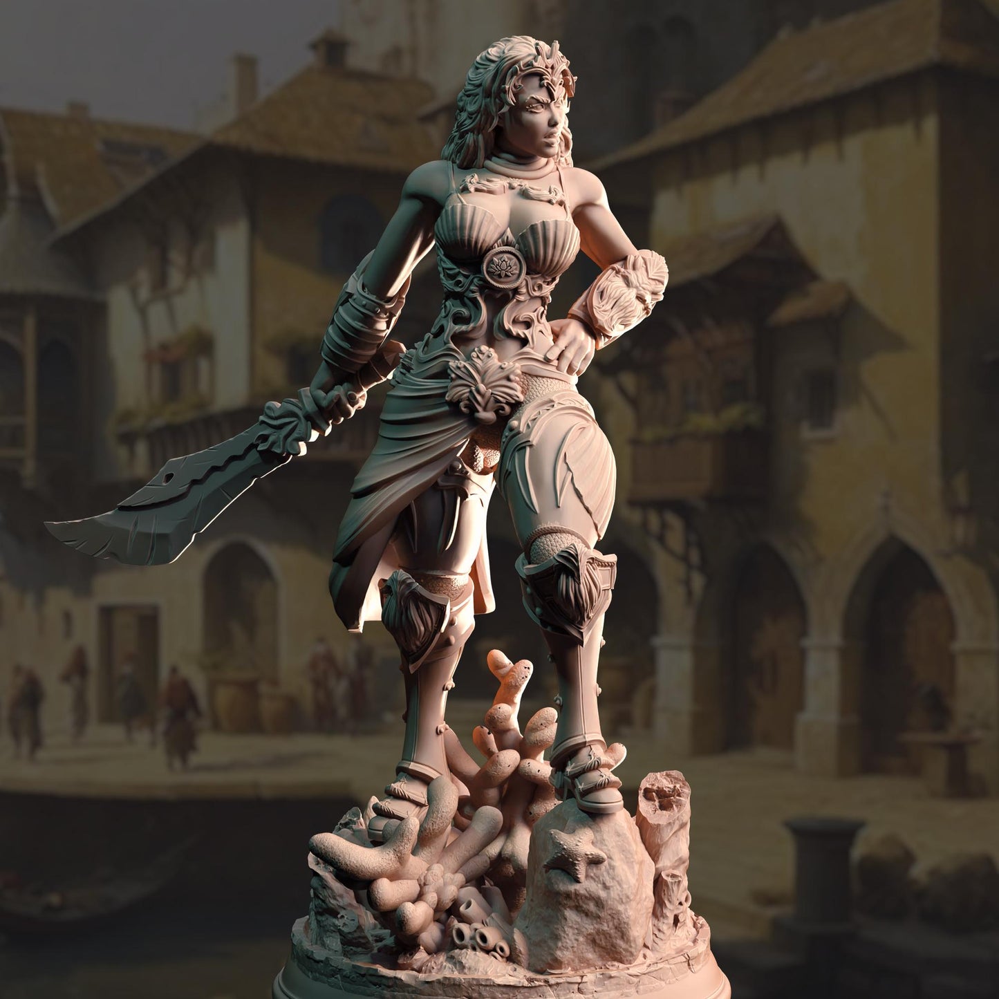 Triton Female Fighter - Inedra-Ki - 3D Printed Tabletop Figure for Dungeons & Dragons, DnD, Pathfinder RPGs, TTRPG